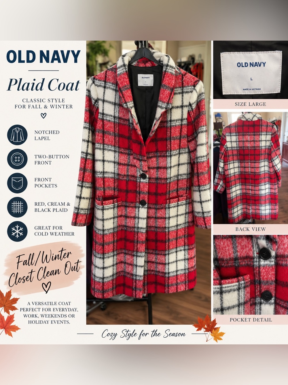 Old Navy Red, Cream & Black Plaid Pea Coat